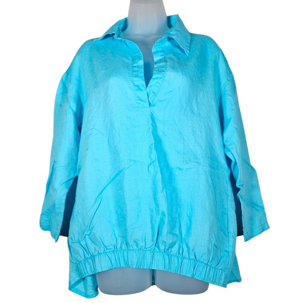 Planet By‎ Lauren G Top sz 1 Blue Linen Boxy Elastic Waist Lagenlook Minimalist